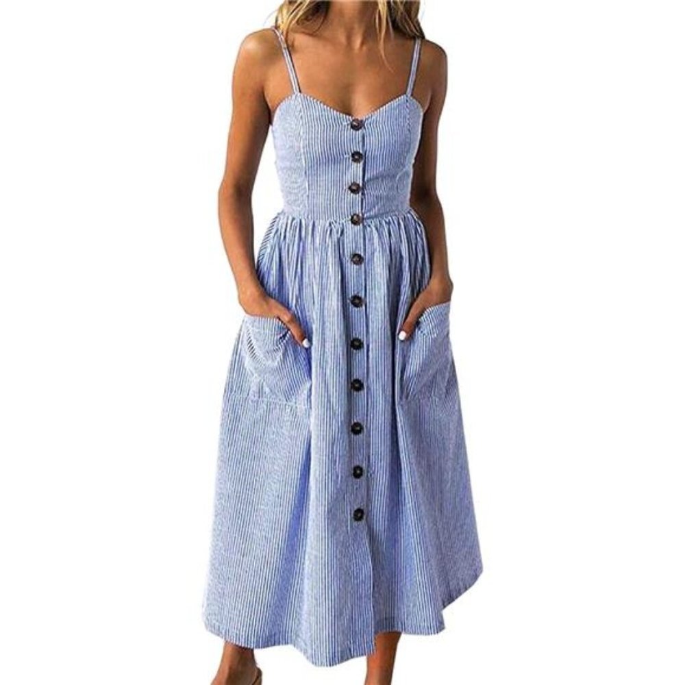 Women's Summer Spaghetti Strap Button Down Swing Midi Dress